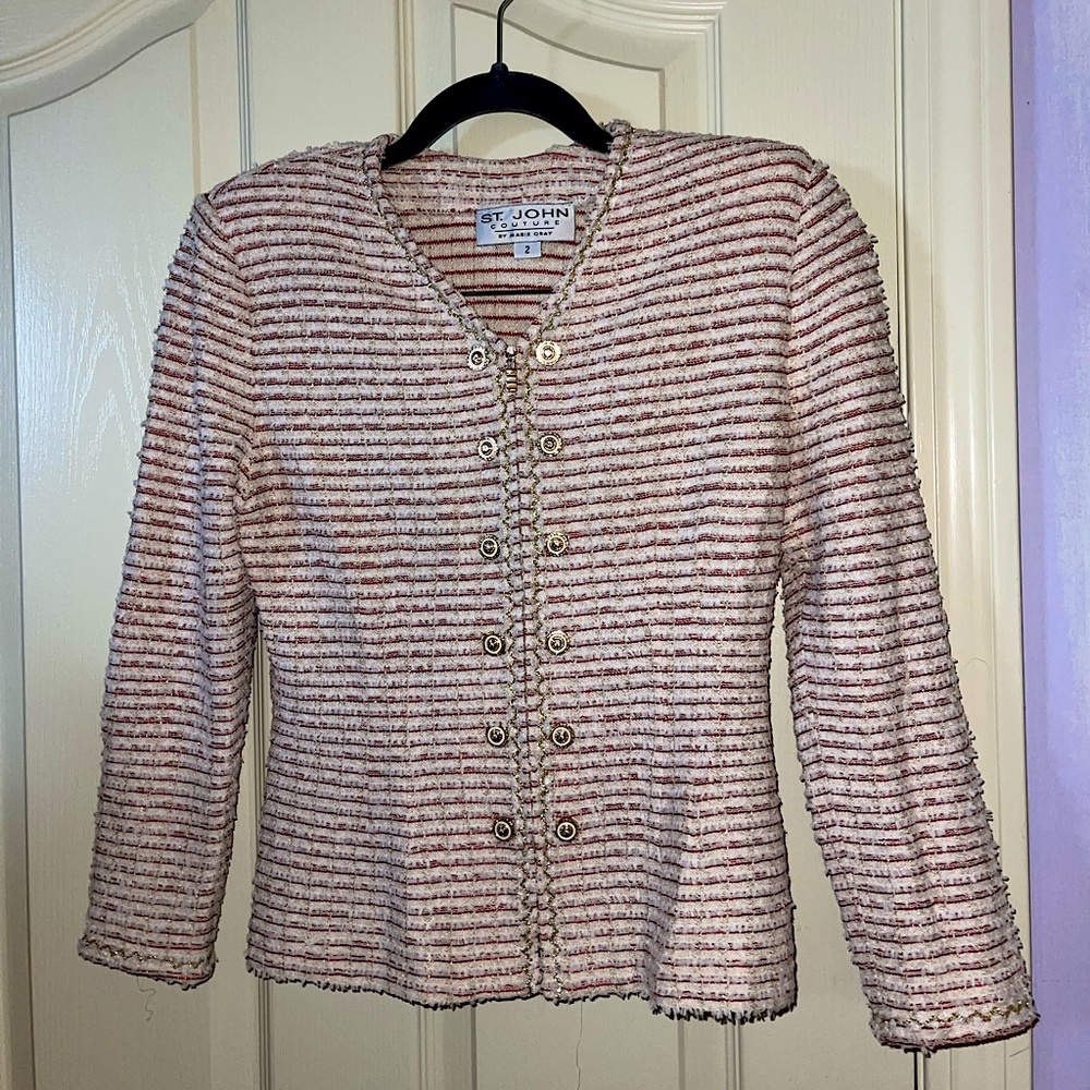 Beautiful Red, White, & Gold St. John Couture Skirt Suit